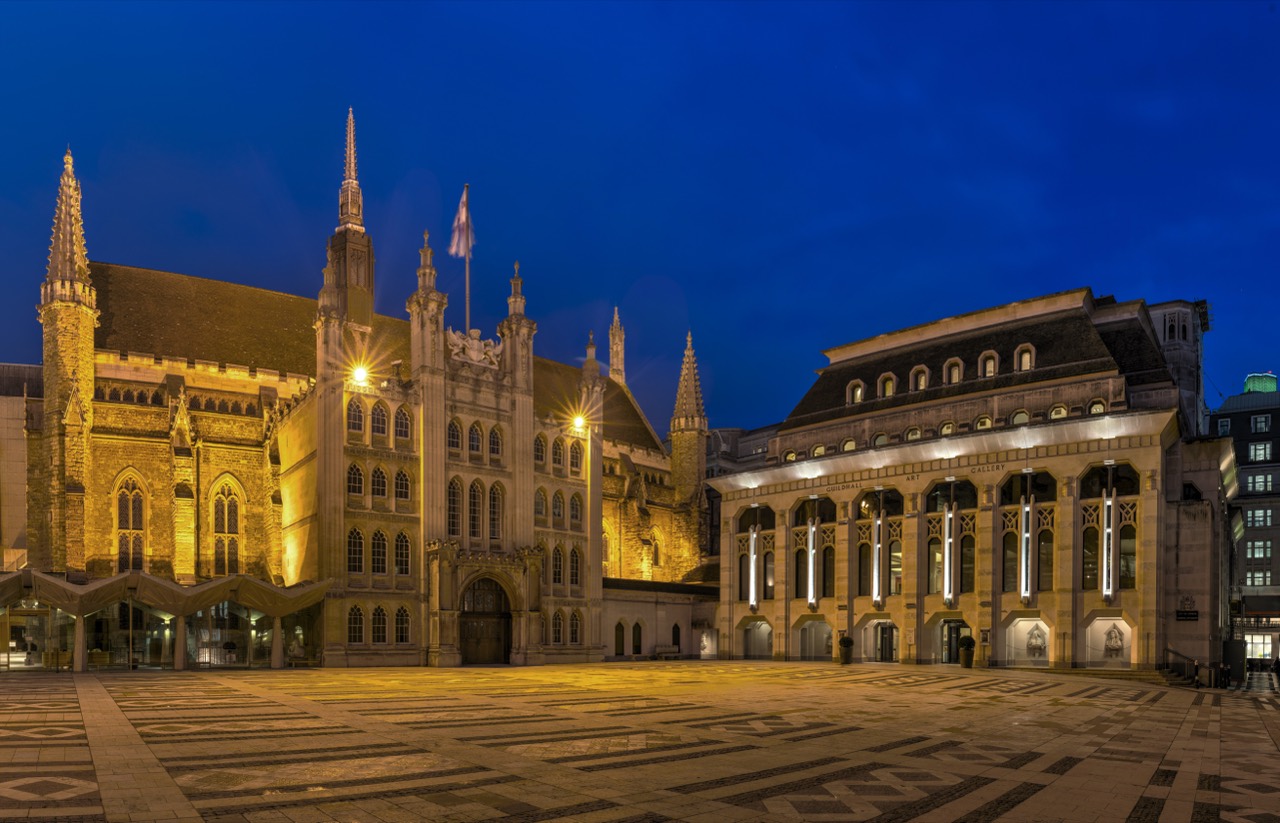 Guildhall and Guildhall Yard in the City of London, floodlit at dusk