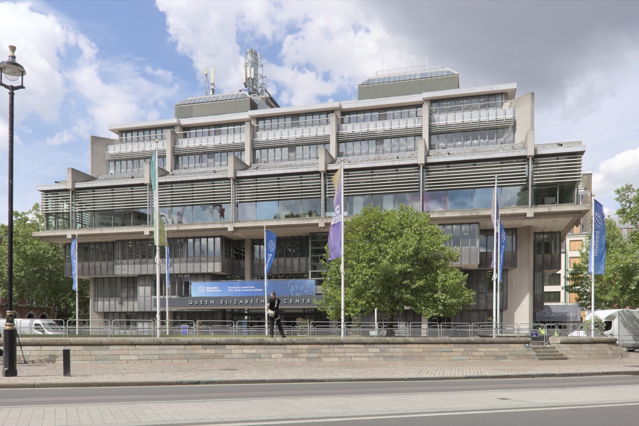 The front of the Queen Elizabeth II Centre in Westminster on a sunny day