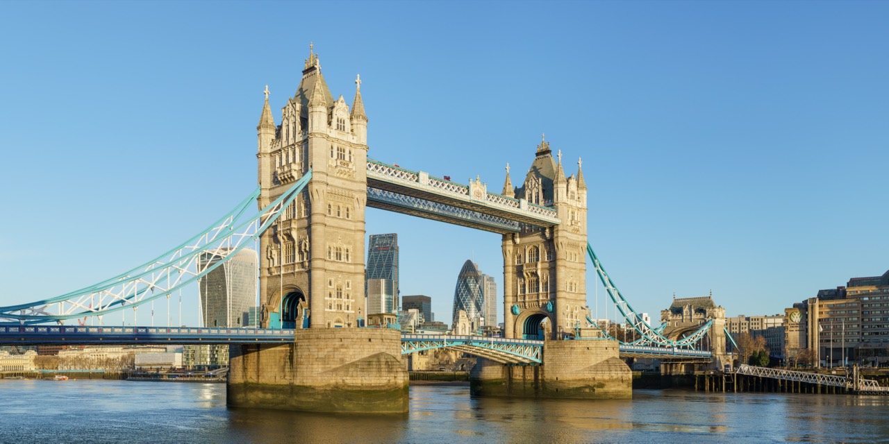Tower Bridge over the Thames with the City of London skyline behind